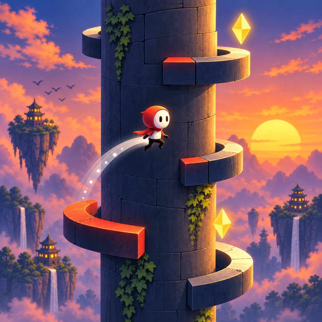 Spirehop's red-cloaked character leaps around a stone tower above mountains at sunset